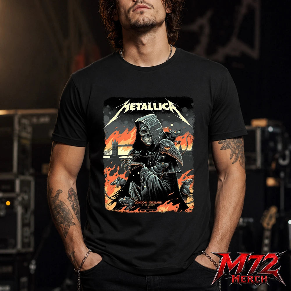 Metallica M72 World Tour July 3 2026 London Stadium London England 1 side T-shirt by Luke Preece featuring a hooded skeletal grim reaper, rats, Tower Bridge, fiery skyline and London event text.