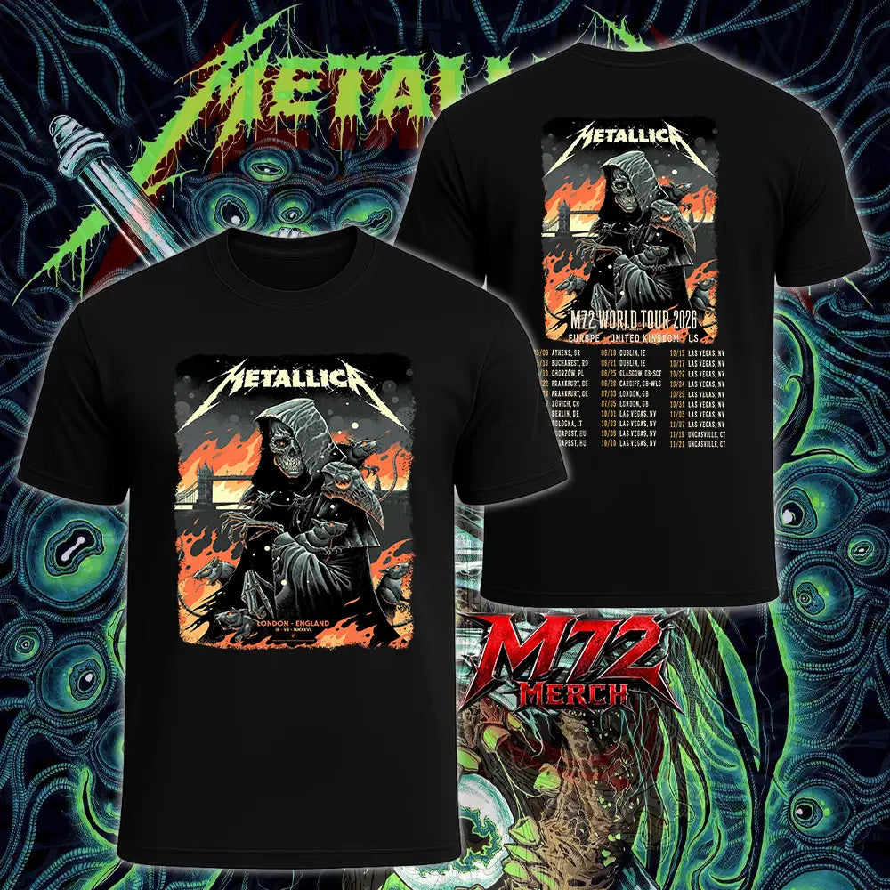 Metallica M72 World Tour July 3 2026 London Stadium London England 2 side T-shirt by Luke Preece featuring a front Grim Reaper Rats design with Tower Bridge and a back M72 World Tour 2026 date list.
