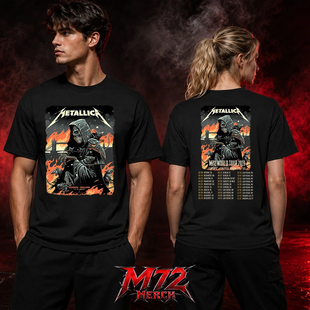 Metallica M72 World Tour July 3 2026 London Stadium London England 2 side T-shirt by Luke Preece featuring a front Grim Reaper Rats design with Tower Bridge and a back M72 World Tour 2026 date list.