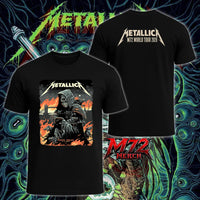 Metallica M72 World Tour July 3 2026 London Stadium London England 2 side T-shirt by Luke Preece featuring a front Grim Reaper Rats design with Tower Bridge and a back Metallica M72 World Tour 2026 logo print.
