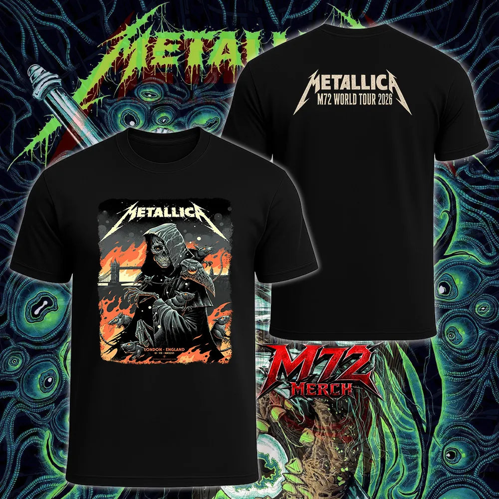 Metallica M72 World Tour July 3 2026 London Stadium London England 2 side T-shirt by Luke Preece featuring a front Grim Reaper Rats design with Tower Bridge and a back Metallica M72 World Tour 2026 logo print.