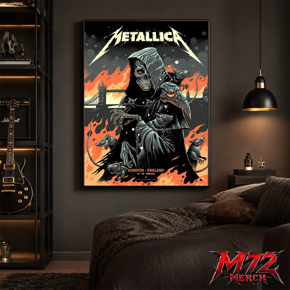Metallica M72 World Tour July 3 2026 London England poster canvas by Luke Preece showing a hooded skeletal grim reaper, rats, Tower Bridge, fiery skyline and London event text.