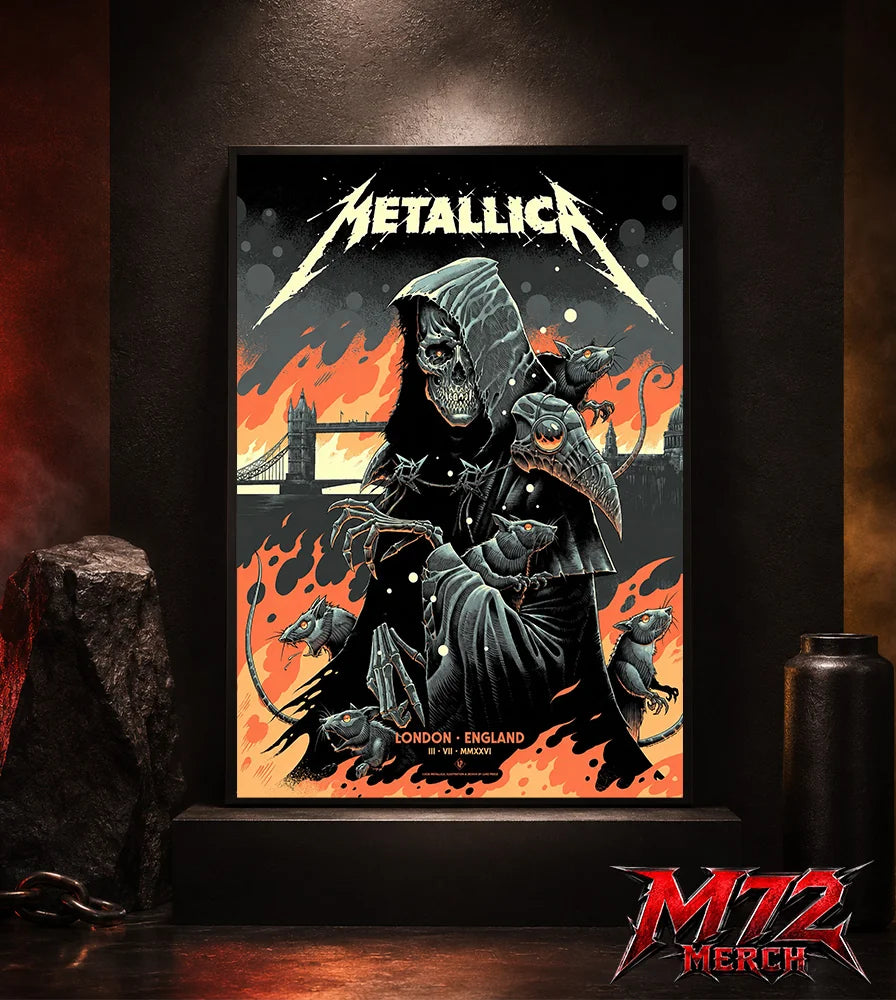 Metallica M72 World Tour July 3 2026 London England poster canvas by Luke Preece showing a hooded skeletal grim reaper, rats, Tower Bridge, fiery skyline and London event text.
