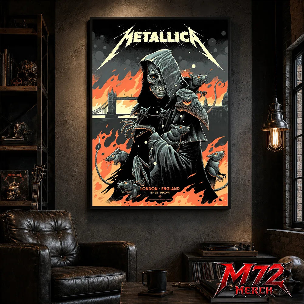 Metallica M72 World Tour July 3 2026 London England poster canvas by Luke Preece showing a hooded skeletal grim reaper, rats, Tower Bridge, fiery skyline and London event text.
