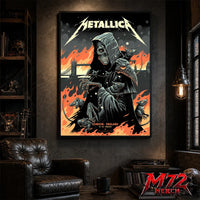 Metallica M72 World Tour July 3 2026 London England poster canvas by Luke Preece showing a hooded skeletal grim reaper, rats, Tower Bridge, fiery skyline and London event text.