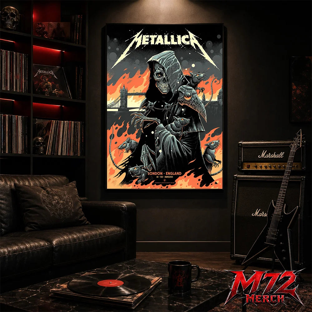 Metallica M72 World Tour July 3 2026 London England poster canvas by Luke Preece showing a hooded skeletal grim reaper, rats, Tower Bridge, fiery skyline and London event text.