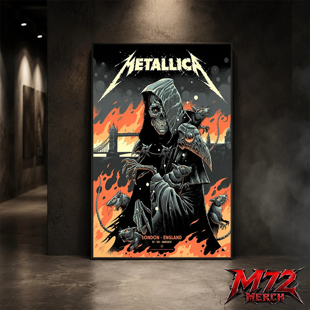 Metallica M72 World Tour July 3 2026 London England poster canvas by Luke Preece showing a hooded skeletal grim reaper, rats, Tower Bridge, fiery skyline and London event text.