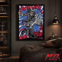 Metallica M72 World Tour July 3 and 5 2026 London England London Stadium poster canvas featuring Demon Punk Artwork by Puis Calzada with a horned demon in punk clothing, lightning, London's skyline, iconic clock tower, and heavy metal artwork