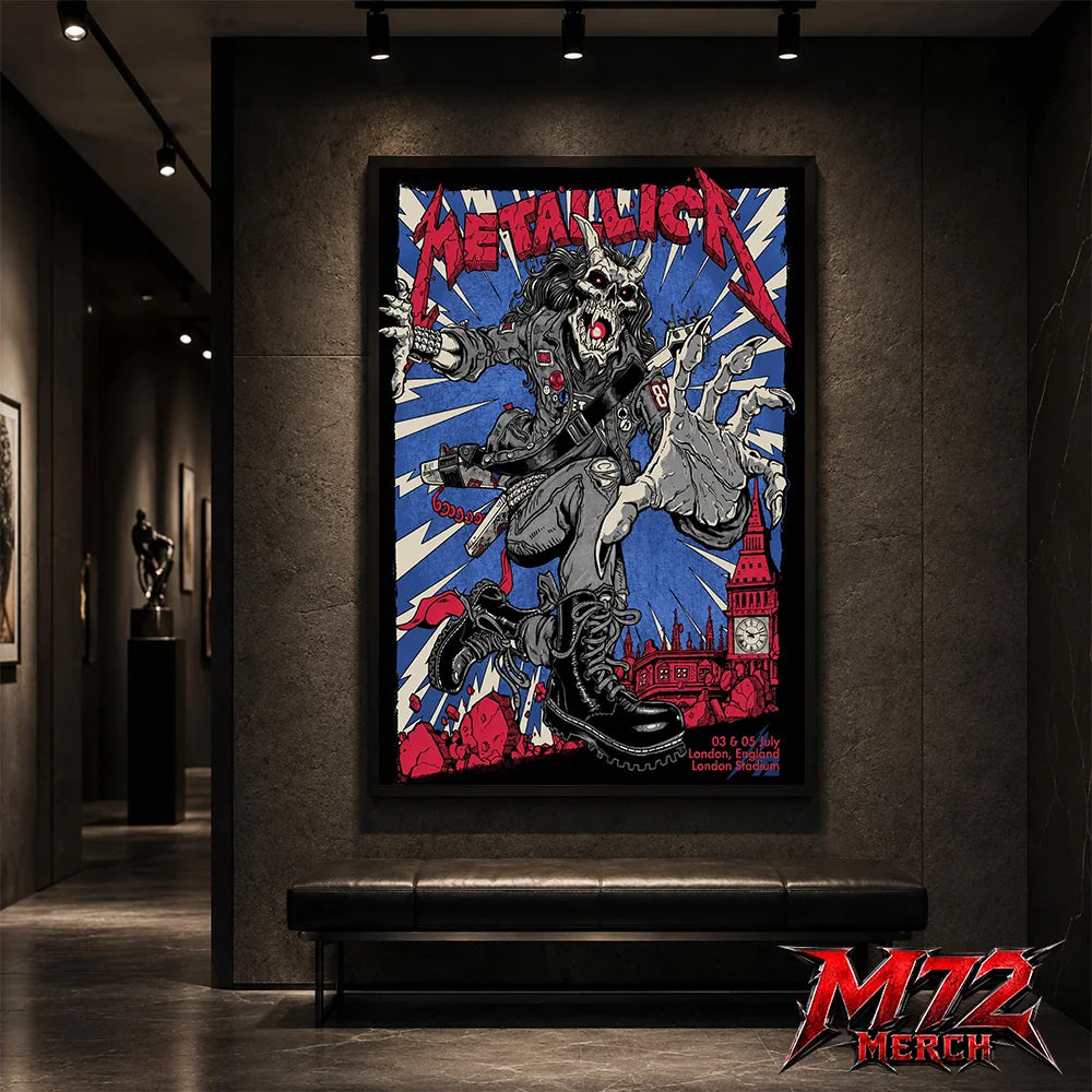 Metallica M72 World Tour July 3 and 5 2026 London England London Stadium poster canvas featuring Demon Punk Artwork by Puis Calzada with a horned demon in punk clothing, lightning, London's skyline, iconic clock tower, and heavy metal artwork