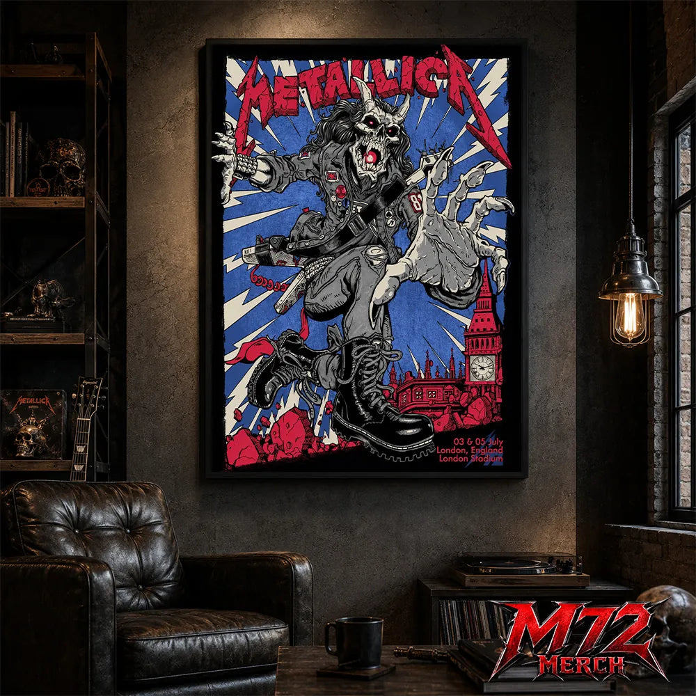 Metallica M72 World Tour July 3 and 5 2026 London England London Stadium poster canvas featuring Demon Punk Artwork by Puis Calzada with a horned demon in punk clothing, lightning, London's skyline, iconic clock tower, and heavy metal artwork