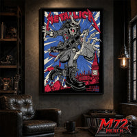Metallica M72 World Tour July 3 and 5 2026 London England London Stadium poster canvas featuring Demon Punk Artwork by Puis Calzada with a horned demon in punk clothing, lightning, London's skyline, iconic clock tower, and heavy metal artwork