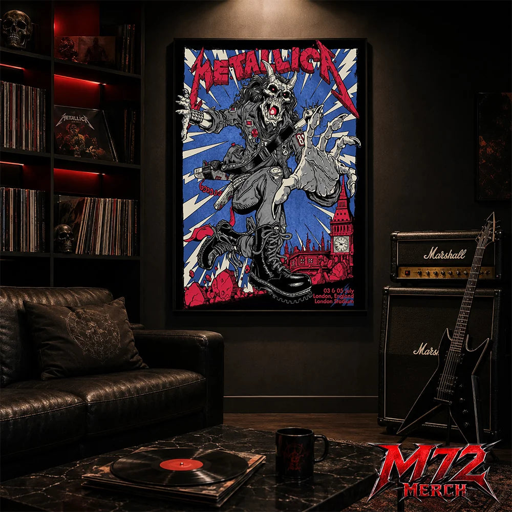 Metallica M72 World Tour July 3 and 5 2026 London England London Stadium poster canvas featuring Demon Punk Artwork by Puis Calzada with a horned demon in punk clothing, lightning, London's skyline, iconic clock tower, and heavy metal artwork