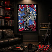 Metallica M72 World Tour July 3 and 5 2026 London England London Stadium poster canvas featuring Demon Punk Artwork by Puis Calzada with a horned demon in punk clothing, lightning, London's skyline, iconic clock tower, and heavy metal artwork