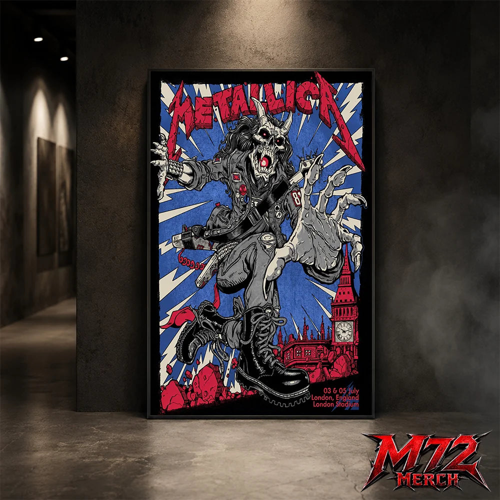 Metallica M72 World Tour July 3 and 5 2026 London England London Stadium poster canvas featuring Demon Punk Artwork by Puis Calzada with a horned demon in punk clothing, lightning, London's skyline, iconic clock tower, and heavy metal artwork