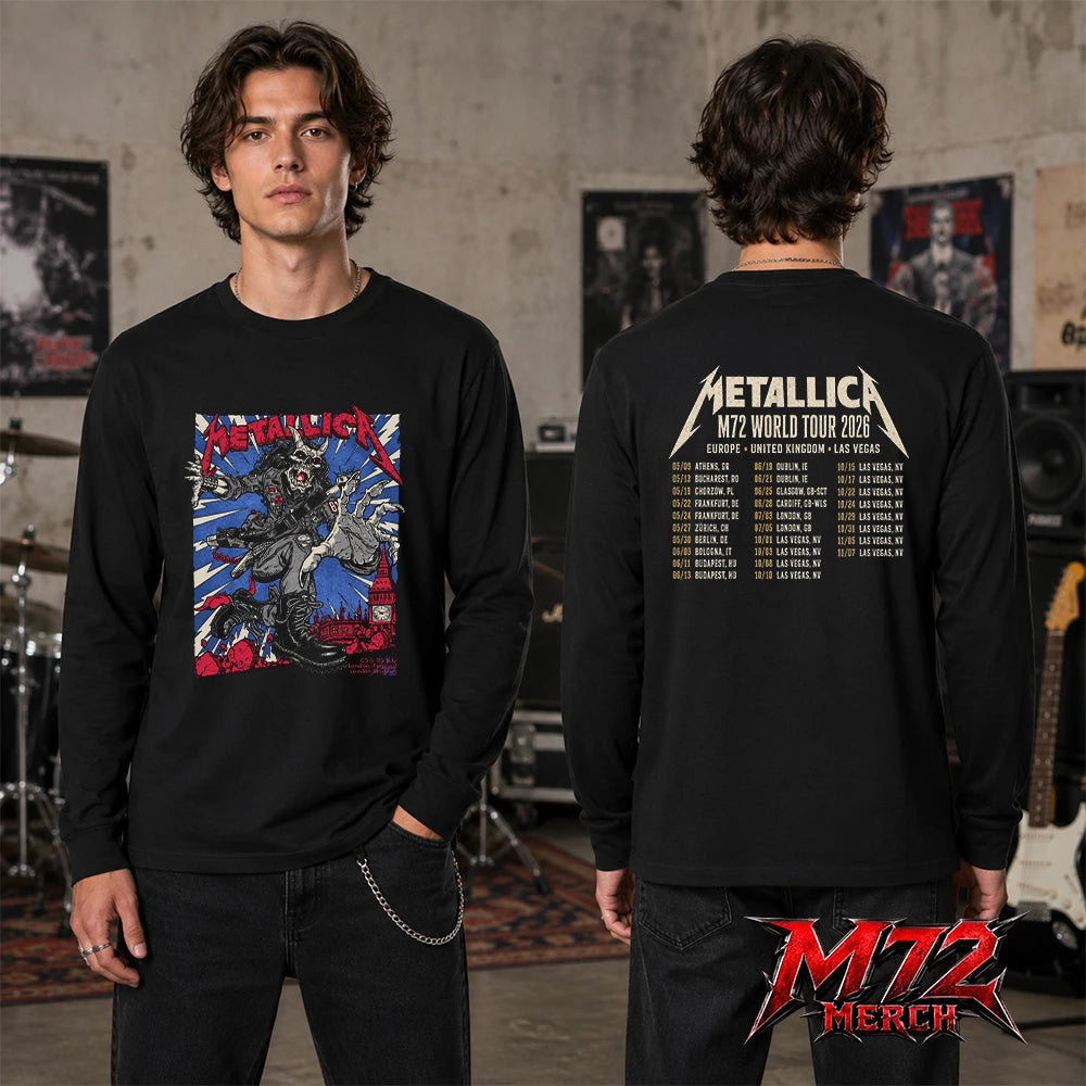 Metallica M72 World Tour July 3 & 5 2026 At London Stadium London England Demon Punk Artwork By Puis Calzada Two Sided Long Sleeve
