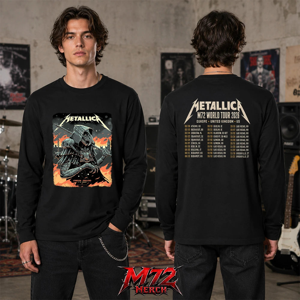 Metallica M72 World Tour July 5 2026 London Stadium London England 2 side Long Sleeve by Luke Preece featuring an armored hooded reaper with skull face, spiked mace, Big Ben skyline, flames and London event text.