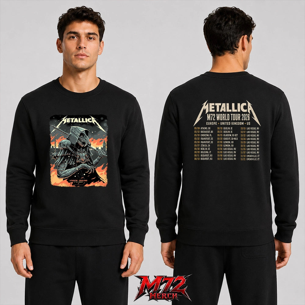 Metallica M72 World Tour July 5 2026 London Stadium London England 2 side Sweatshirt by Luke Preece featuring an armored hooded reaper with skull face, spiked mace, Big Ben skyline, flames and London event text.