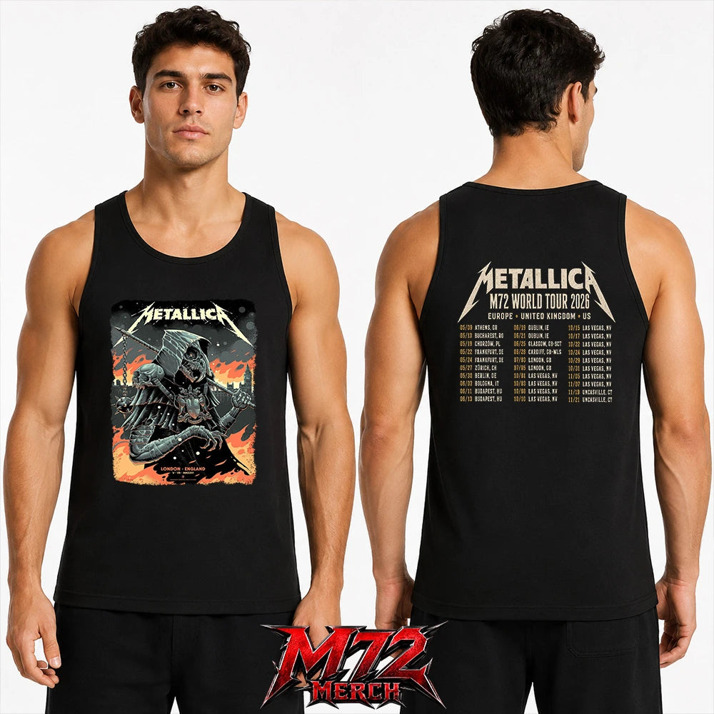 Metallica M72 World Tour July 5 2026 London Stadium London England 2 side Tank top by Luke Preece featuring an armored hooded reaper with skull face, spiked mace, Big Ben skyline, flames and London event text.
