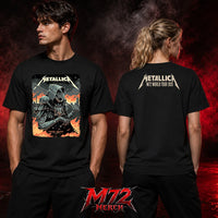 Metallica M72 World Tour July 5 2026 London Stadium London England 2 side T-shirt by Luke Preece featuring an armored hooded reaper with skull face, Big Ben skyline and a back Metallica M72 World Tour 2026 logo print.