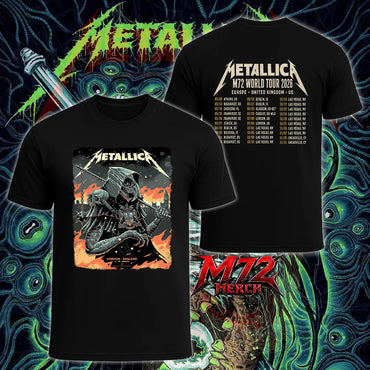 Metallica M72 World Tour July 5 2026 London Stadium London England 2 side T-shirt by Luke Preece featuring an armored hooded reaper with skull face, spiked mace, Big Ben skyline, flames and London event text.