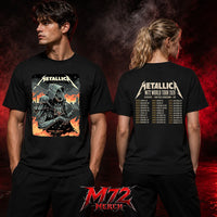 Metallica M72 World Tour July 5 2026 London Stadium London England 2 side T-shirt by Luke Preece featuring an armored hooded reaper with skull face, spiked mace, Big Ben skyline, flames and London event text.