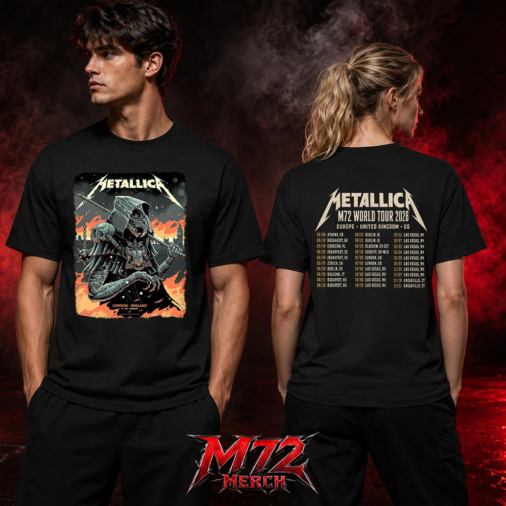 Metallica M72 World Tour July 5 2026 London Stadium London England 2 side T-shirt by Luke Preece featuring an armored hooded reaper with skull face, spiked mace, Big Ben skyline, flames and London event text.