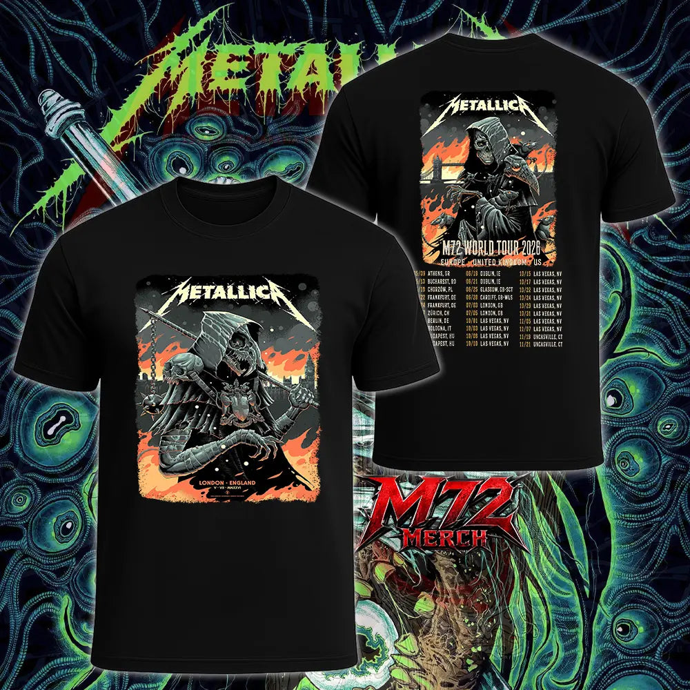 Metallica M72 World Tour July 5 2026 London Stadium London England 2 side T-shirt by Luke Preece featuring an armored hooded reaper with skull face, Big Ben skyline and a back M72 World Tour 2026 Europe and United Kingdom date list.