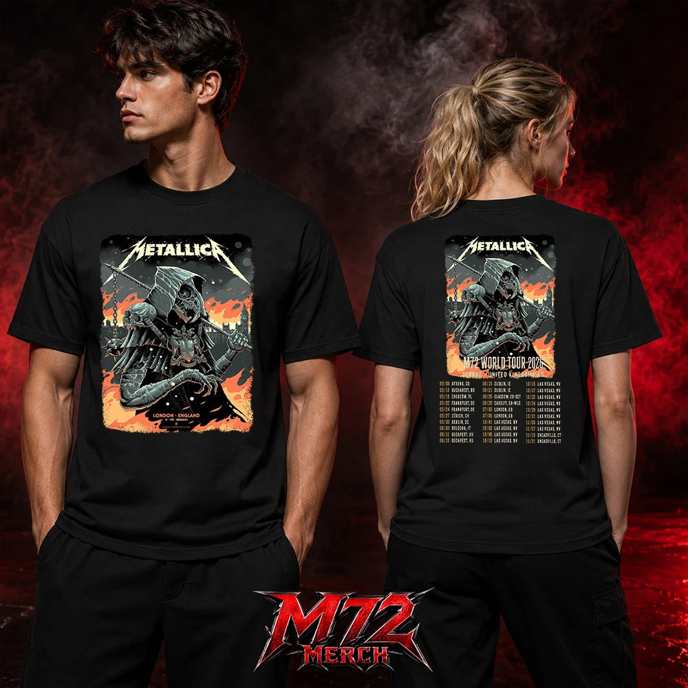 Metallica M72 World Tour July 5 2026 London Stadium London England 2 side T-shirt by Luke Preece featuring an armored hooded reaper with skull face, Big Ben skyline and a back M72 World Tour 2026 Europe and United Kingdom date list.