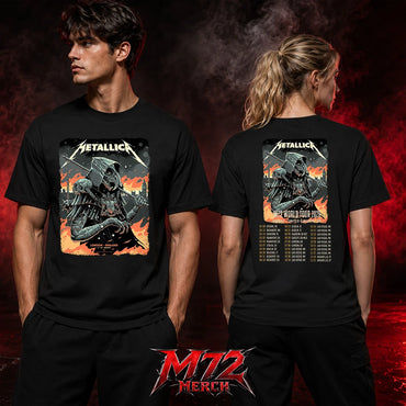 Metallica M72 World Tour July 5 2026 London Stadium London England 2 side T-shirt by Luke Preece featuring an armored hooded reaper with skull face, Big Ben skyline and a back M72 World Tour 2026 Europe and United Kingdom date list.