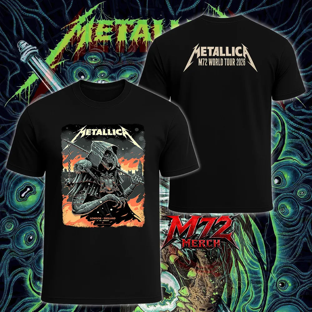 Metallica M72 World Tour July 5 2026 London Stadium London England 2 side T-shirt by Luke Preece featuring an armored hooded reaper with skull face, Big Ben skyline and a back Metallica M72 World Tour 2026 logo print.