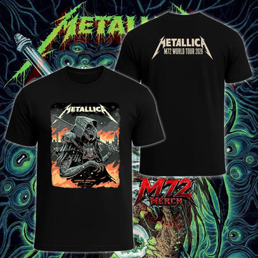 Metallica M72 World Tour July 5 2026 London Stadium London England 2 side T-shirt by Luke Preece featuring an armored hooded reaper with skull face, Big Ben skyline and a back Metallica M72 World Tour 2026 logo print.