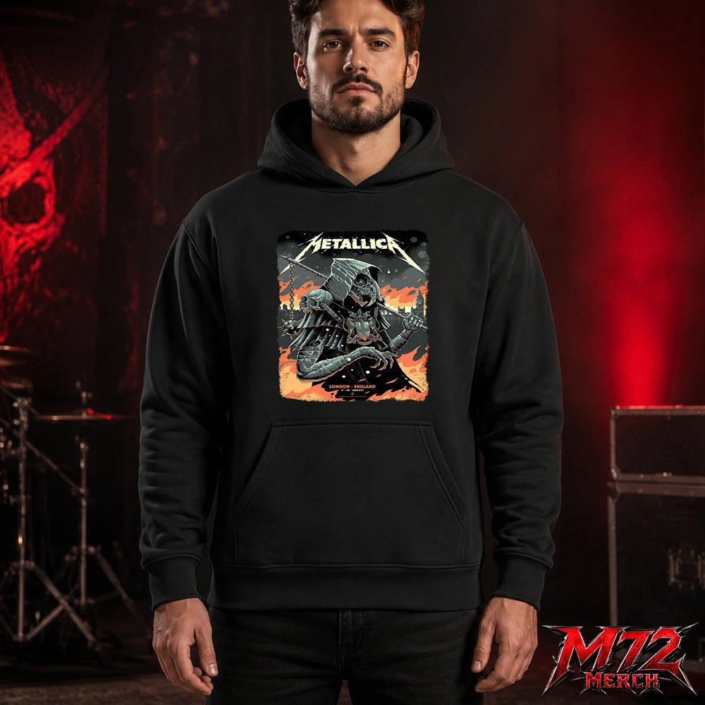 Metallica M72 World Tour July 5 2026 London Stadium London England Hoodie by Luke Preece featuring an armored hooded reaper with skull face, spiked mace, pole weapon, Big Ben skyline, flames and London event text.
