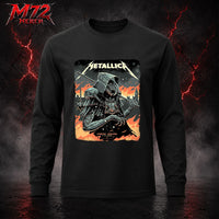 Metallica M72 World Tour July 5 2026 London Stadium London England Long sleeve by Luke Preece featuring an armored hooded reaper with skull face, spiked mace, pole weapon, Big Ben skyline, flames and London event text.