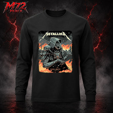 Metallica M72 World Tour July 5 2026 London Stadium London England Long sleeve by Luke Preece featuring an armored hooded reaper with skull face, spiked mace, pole weapon, Big Ben skyline, flames and London event text.