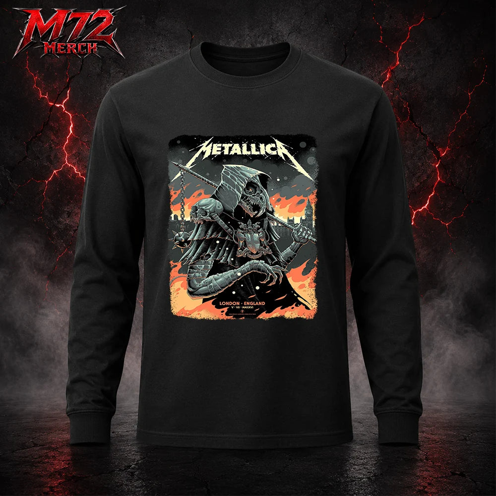 Metallica M72 World Tour July 5 2026 London Stadium London England Long sleeve by Luke Preece featuring an armored hooded reaper with skull face, spiked mace, pole weapon, Big Ben skyline, flames and London event text.