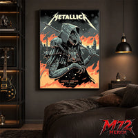 Metallica M72 World Tour July 5 2026 London Stadium London England poster canvas by Luke Preece showing an armored hooded reaper with skull face, spiked mace, pole weapon, Big Ben skyline, flames and London event text.