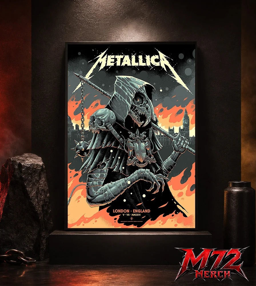 Metallica M72 World Tour July 5 2026 London Stadium London England poster canvas by Luke Preece showing an armored hooded reaper with skull face, spiked mace, pole weapon, Big Ben skyline, flames and London event text.