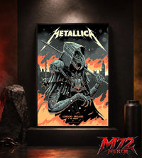 Metallica M72 World Tour July 5 2026 London Stadium London England poster canvas by Luke Preece showing an armored hooded reaper with skull face, spiked mace, pole weapon, Big Ben skyline, flames and London event text.