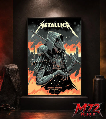 Metallica M72 World Tour July 5 2026 London Stadium London England poster canvas by Luke Preece showing an armored hooded reaper with skull face, spiked mace, pole weapon, Big Ben skyline, flames and London event text.