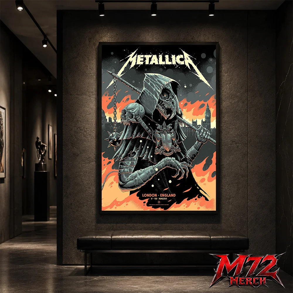 Metallica M72 World Tour July 5 2026 London Stadium London England poster canvas by Luke Preece showing an armored hooded reaper with skull face, spiked mace, pole weapon, Big Ben skyline, flames and London event text.