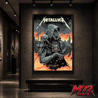 Metallica M72 World Tour July 5 2026 London Stadium London England poster canvas by Luke Preece showing an armored hooded reaper with skull face, spiked mace, pole weapon, Big Ben skyline, flames and London event text.