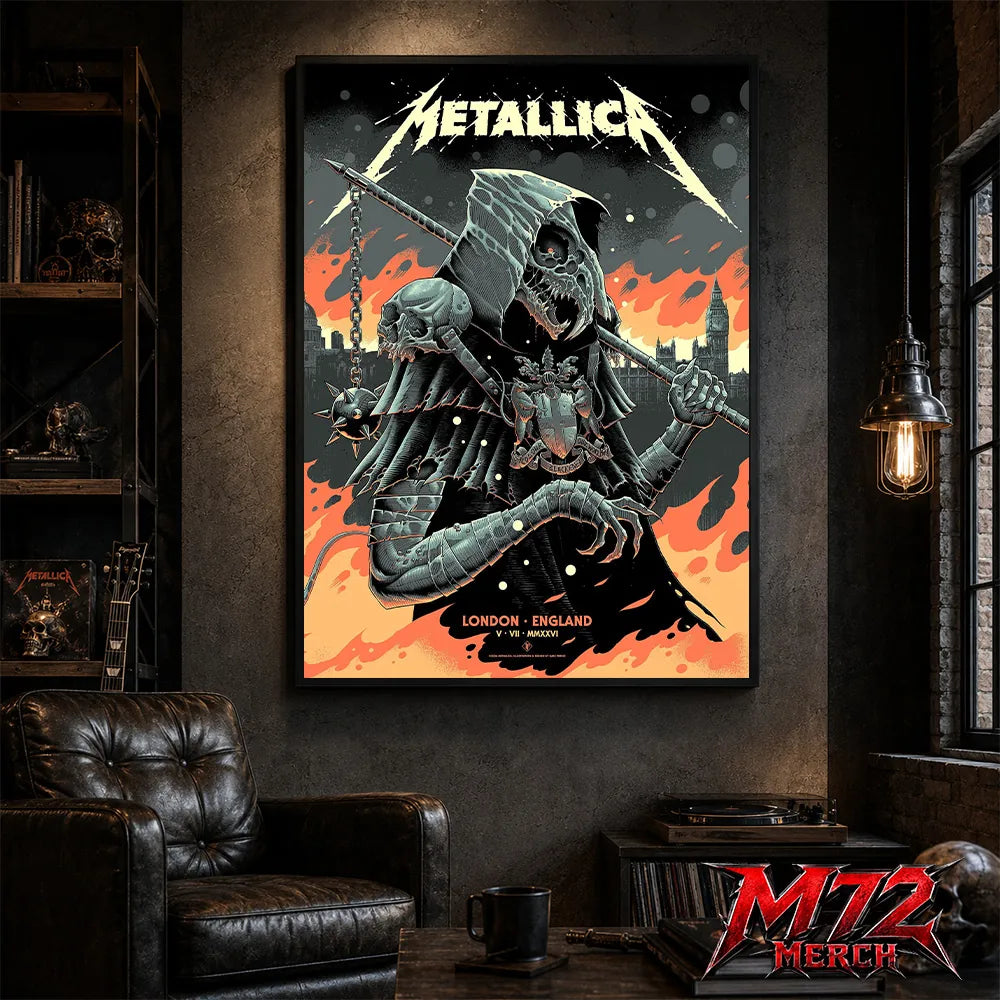 Metallica M72 World Tour July 5 2026 London Stadium London England poster canvas by Luke Preece showing an armored hooded reaper with skull face, spiked mace, pole weapon, Big Ben skyline, flames and London event text.