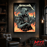 Metallica M72 World Tour July 5 2026 London Stadium London England poster canvas by Luke Preece showing an armored hooded reaper with skull face, spiked mace, pole weapon, Big Ben skyline, flames and London event text.