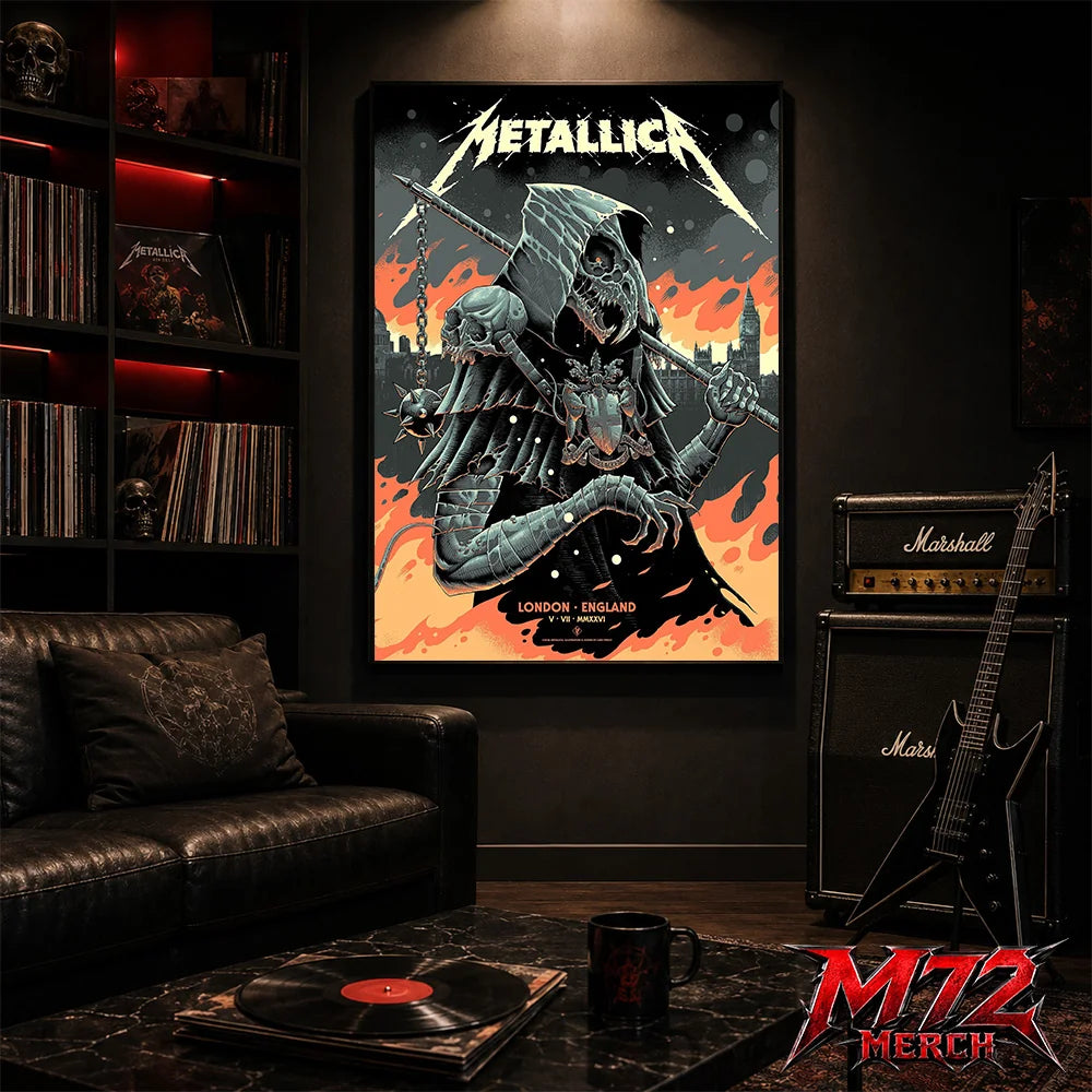 Metallica M72 World Tour July 5 2026 London Stadium London England poster canvas by Luke Preece showing an armored hooded reaper with skull face, spiked mace, pole weapon, Big Ben skyline, flames and London event text.