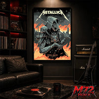 Metallica M72 World Tour July 5 2026 London Stadium London England poster canvas by Luke Preece showing an armored hooded reaper with skull face, spiked mace, pole weapon, Big Ben skyline, flames and London event text.