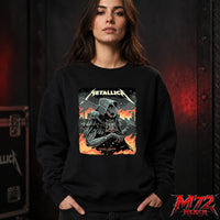 Metallica M72 World Tour July 5 2026 London Stadium London England sweatshirt by Luke Preece featuring an armored hooded reaper with skull face, spiked mace, pole weapon, Big Ben skyline, flames and London event text.
