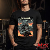 Metallica M72 World Tour July 5 2026 London Stadium London England T-shirt by Luke Preece featuring an armored hooded reaper with skull face, spiked mace, pole weapon, Big Ben skyline, flames and London event text.