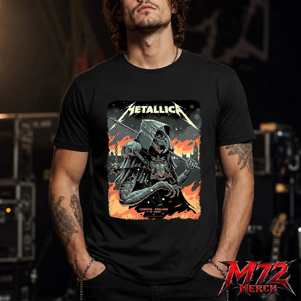 Metallica M72 World Tour July 5 2026 London Stadium London England T-shirt by Luke Preece featuring an armored hooded reaper with skull face, spiked mace, pole weapon, Big Ben skyline, flames and London event text.