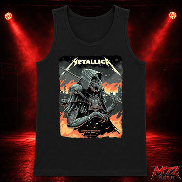 Metallica M72 World Tour July 5 2026 London Stadium London England Tank top by Luke Preece featuring an armored hooded reaper with skull face, spiked mace, pole weapon, Big Ben skyline, flames and London event text.