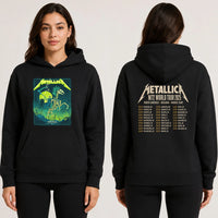 Metallica M72 World Tour June 14 2025 NRG Stadium Houston Texas United States 2 side T-shirt by Vance Kelly featuring a skeletal rider on a bone horse, skull-tipped scythe, glowing moon, lightning, skulls, swords and M72 tour back print.